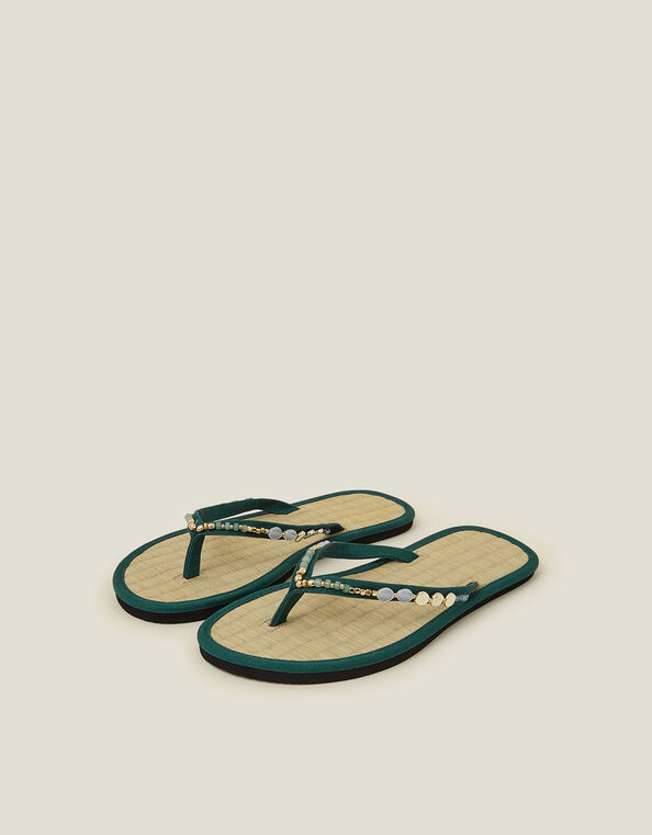 Beaded Seagrass Footbed Flip Flops, Green (GREEN), large