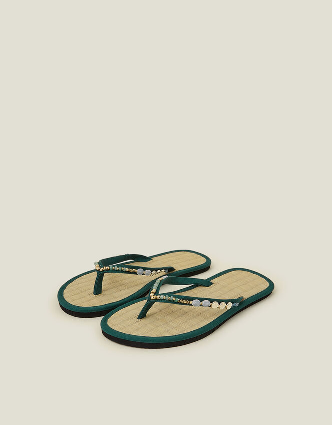 Beaded Seagrass Footbed Flip Flops, Green (GREEN), large