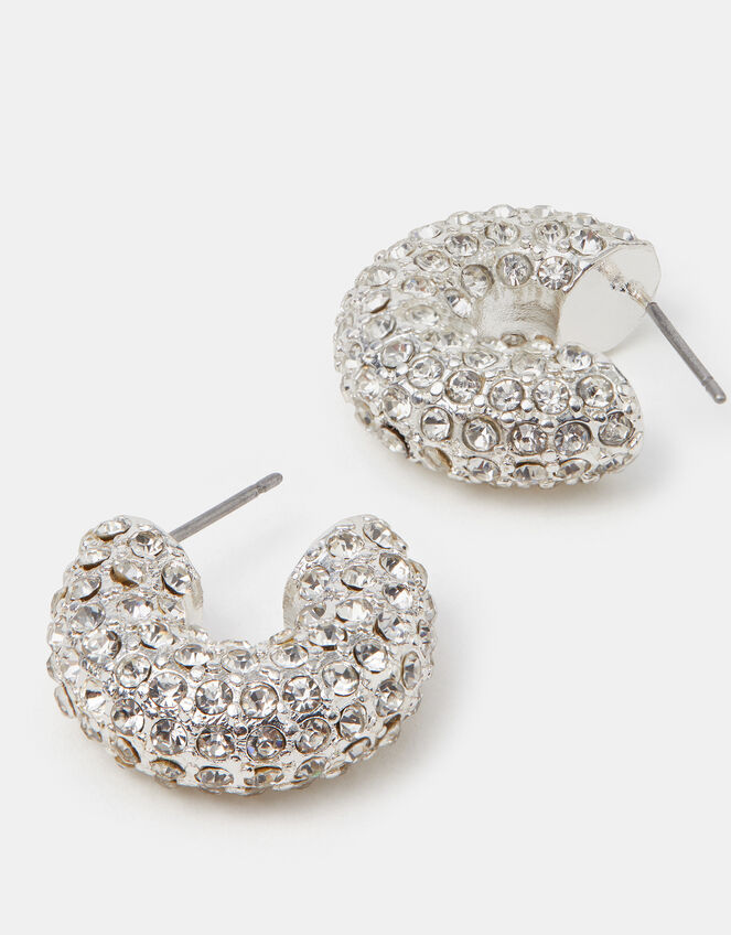 Chunky Diamant&eacute; Hoop Earrings, Silver (SILVER), large