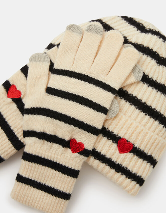 Stripe Heart Beanie Hat & Gloves Set, , large
