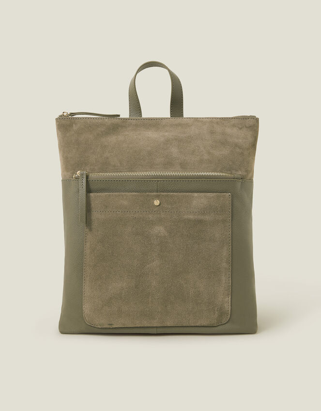 Suede Leather Backpack, Green (KHAKI), large