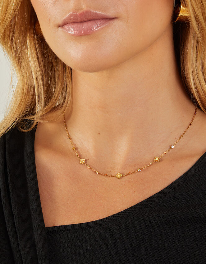 14ct Gold-Plated Stainless Steel Diamante Clover Station Necklace, , large