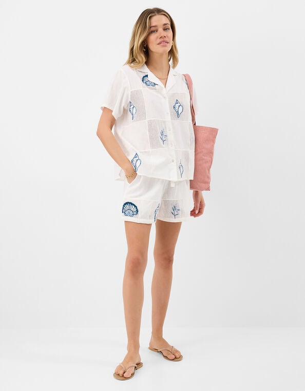 Shell Embroidered Patchwork Shorts, Ivory (IVORY), large