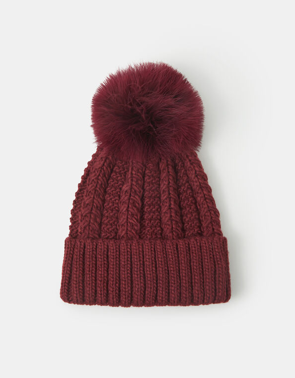Faux Fur Pom Beanie Hat, Red (BURGUNDY), large
