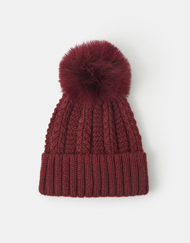 Faux Fur Pom Beanie Hat, Red (BURGUNDY), large