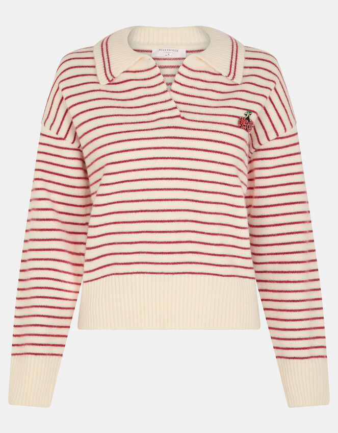Cherry Stripe Polo Neck Jumper, Cream (CREAM), large