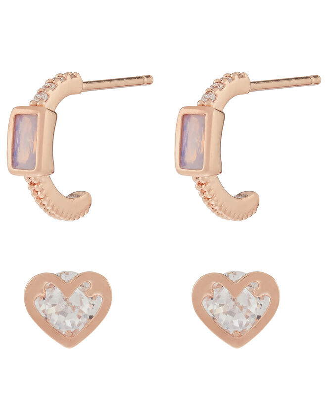 Rose Gold-Plated Hoop and Heart Earring Set, , large
