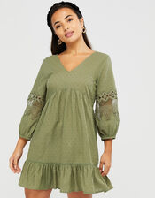 Lace Insert Smock Dress in Organic Cotton, Green (KHAKI), large