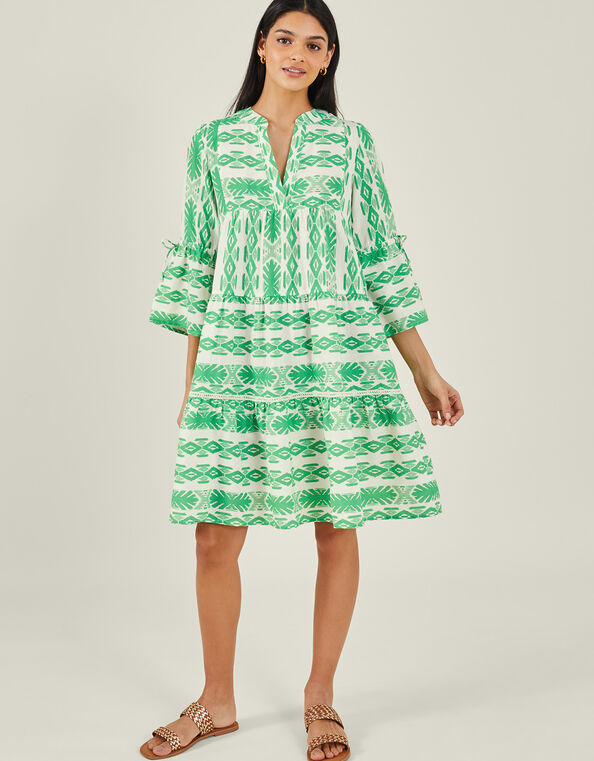 Print Jacquard Flute Sleeve Dress, Green (GREEN), large