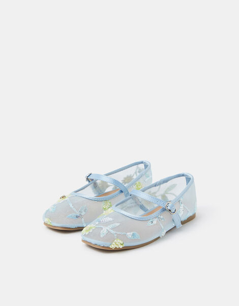 Girls Sparkle Floral Mesh Ballet Flats, Blue (BLUE), large