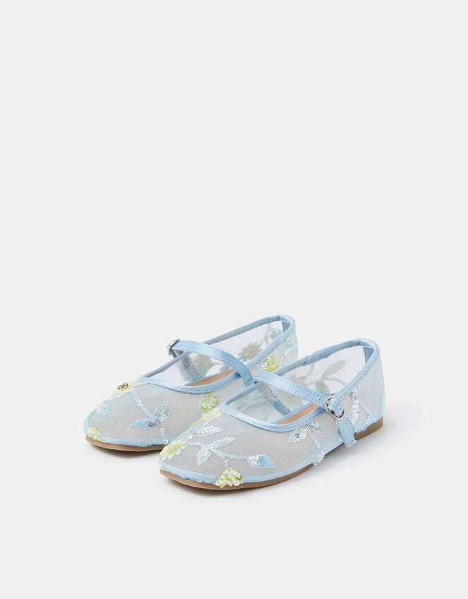 Girls Sparkle Floral Mesh Ballet Flats, Blue (BLUE), large