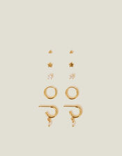 5-Pack 14ct Gold-Plated Star Stud and Hoop Earrings, , large