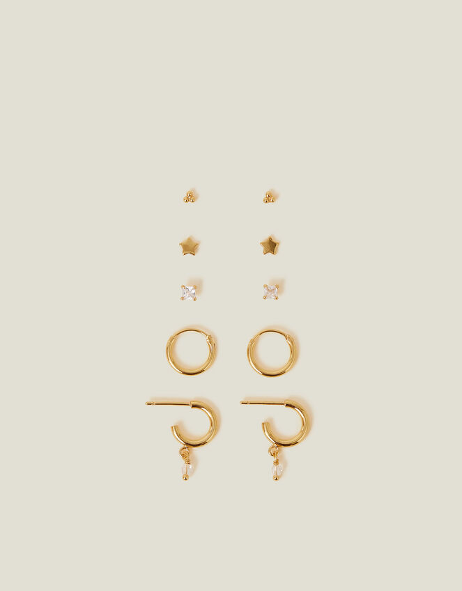 5-Pack 14ct Gold-Plated Star Stud and Hoop Earrings, , large