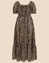 Leopard Print Shirred Puff Sleeve Dress, Brown (BROWN), large