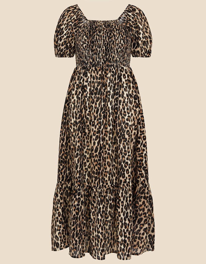 Leopard Print Shirred Puff Sleeve Dress, Brown (BROWN), large