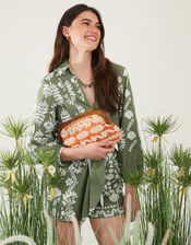 Raffia Beaded Wooden Frame Clutch Bag, Orange (ORANGE), large