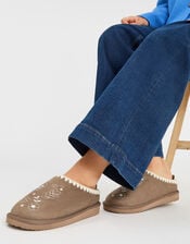 Heart Embroidered Mule Slippers, Brown (BROWN), large