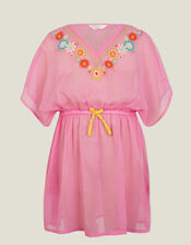 Girls Boho Floral Embroidered Kaftan, Pink (PINK), large
