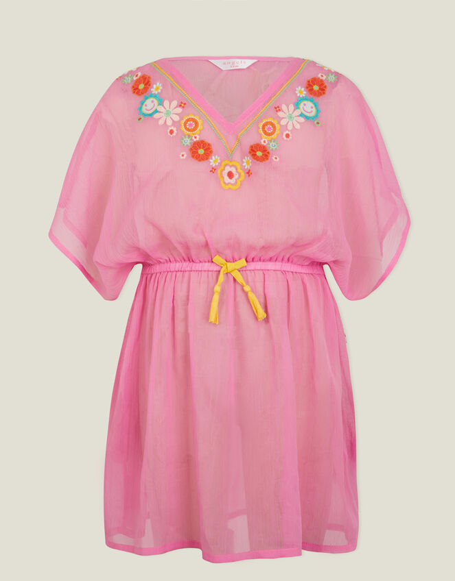 Girls Boho Floral Embroidered Kaftan, Pink (PINK), large