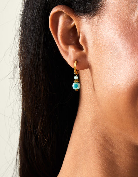 14ct Gold-Plated Bead Drop Huggie Hoop Earrings, , large