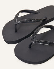 Crystal Embellished Flip Flops, Black (BLACK), large