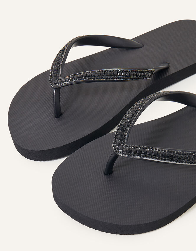 Crystal Embellished Flip Flops, Black (BLACK), large