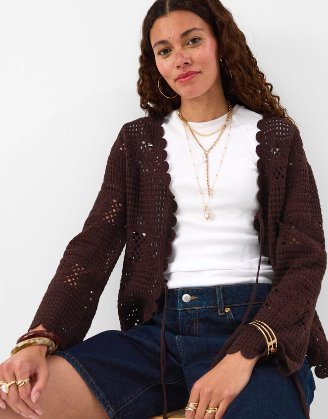Crochet Tie Front Cardigan , Brown (BROWN), large