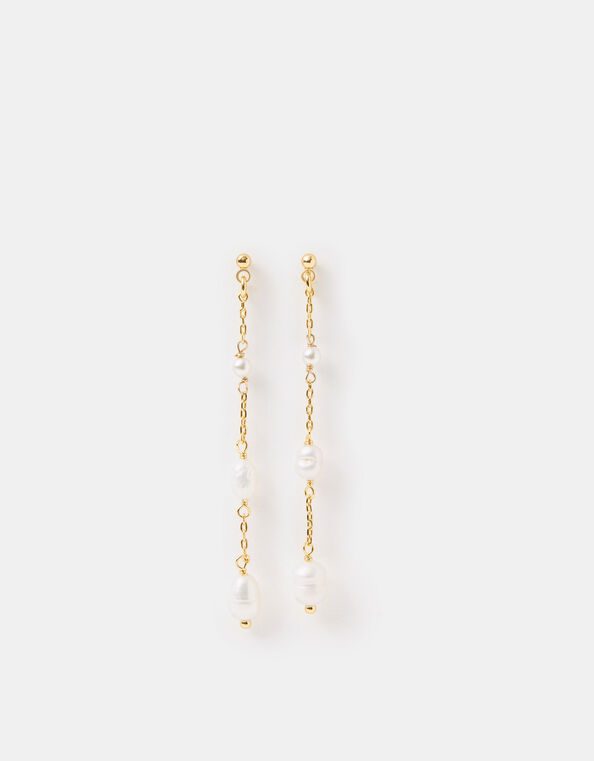 14ct Gold-Plated Pearl Chain Drop Earrings, , large
