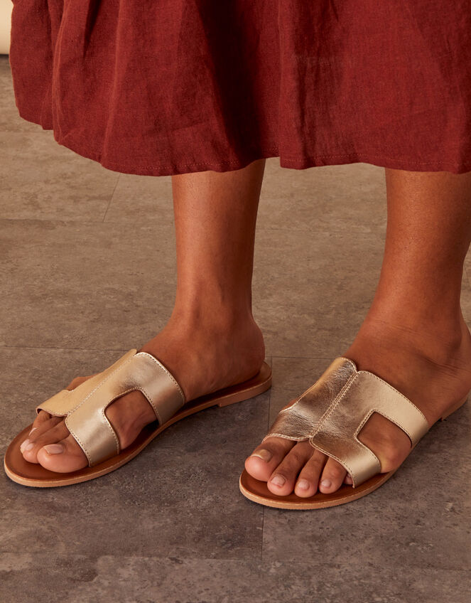 Leather Cut-Out Detail Sliders, Gold (GOLD), large