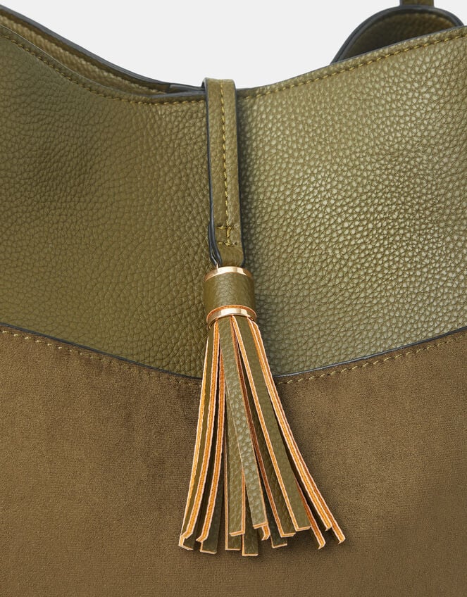 Slouchy Tassel Charm Shoulder Bag, Green (OLIVE), large