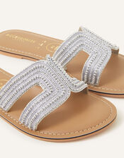 Bella Beaded Slip On Wide Fit Sandals, Silver (SILVER), large