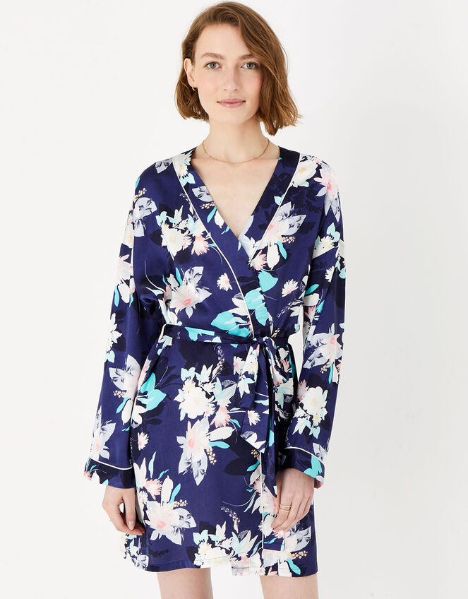 Leila Floral Satin Robe, Blue (NAVY), large