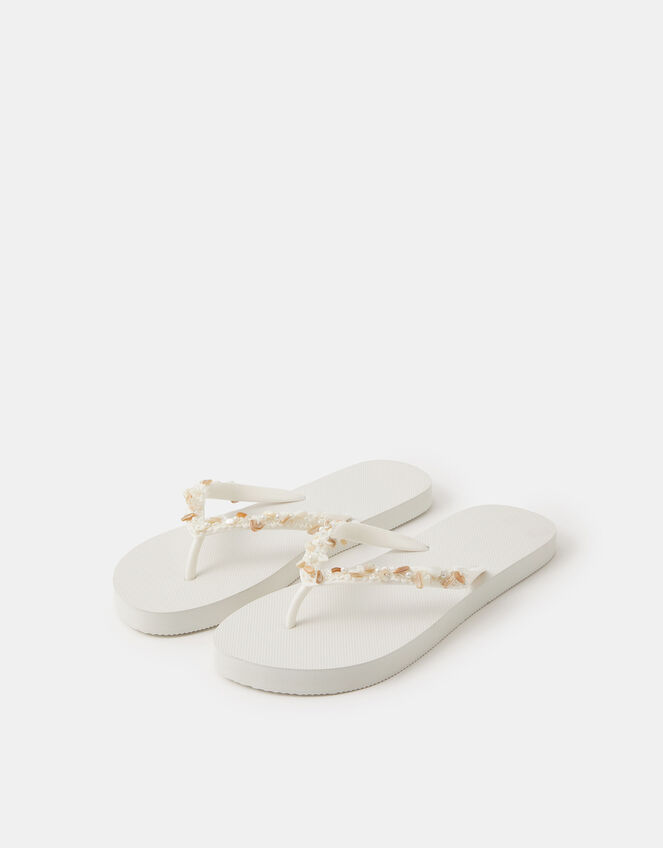 Bead Embellished Flip Flops, White (WHITE), large