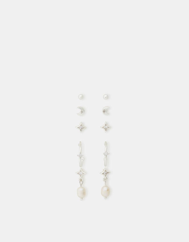 5-Pack Sterling Silver-Plated Pearl Stud & Hoop Earrings, , large