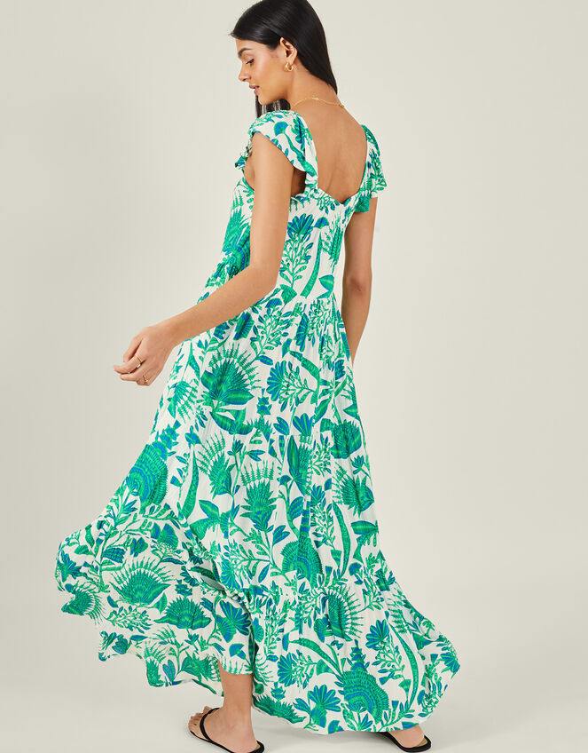Fan Print Beaded Tiered Dress, Blue (BLUE), large