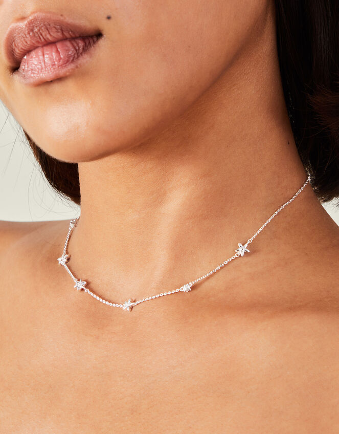 Sterling Silver-Plated Diamante Flower Collar Necklace, , large