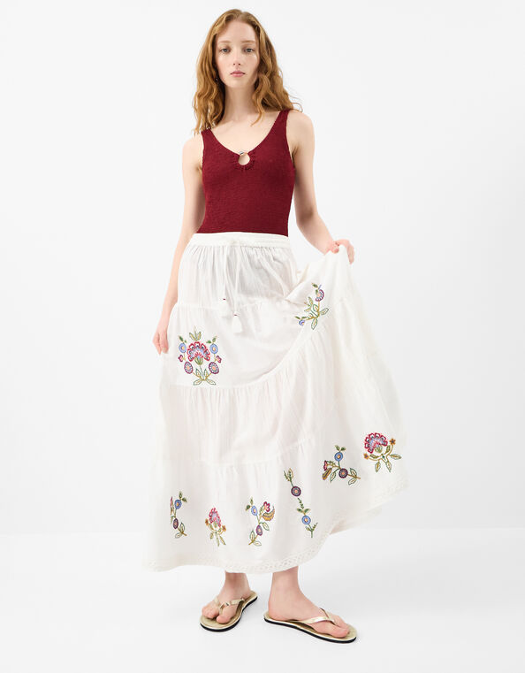 Floral Embroidered Tiered Maxi Skirt, Ivory (IVORY), large