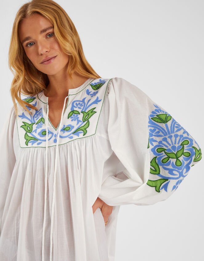 Embroidered Long Sleeve Smock Dress, White (WHITE), large