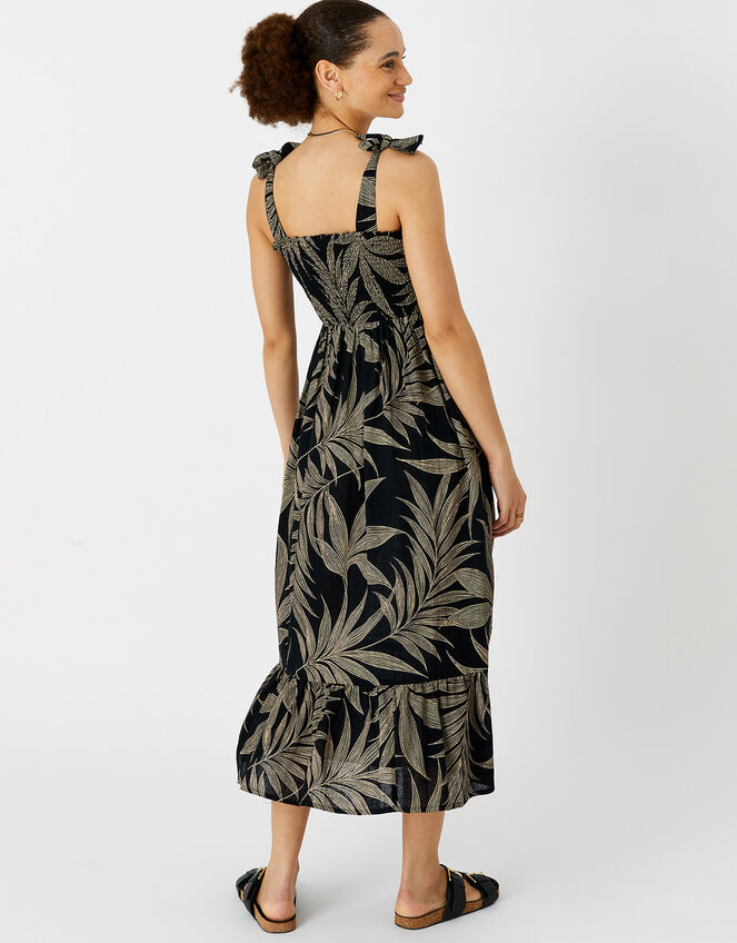 Palm Print Tie-Shoulder Midi Dress, Black (BLACK), large