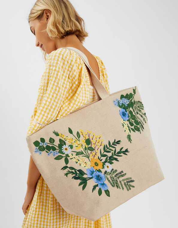 Floral Embroidered Beach Bag, , large