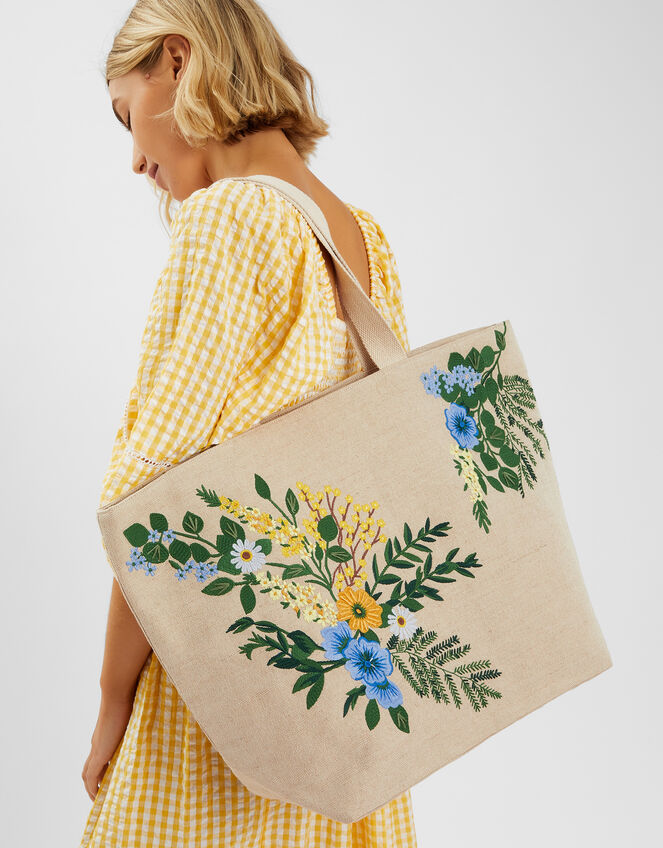 Floral Embroidered Beach Bag, , large