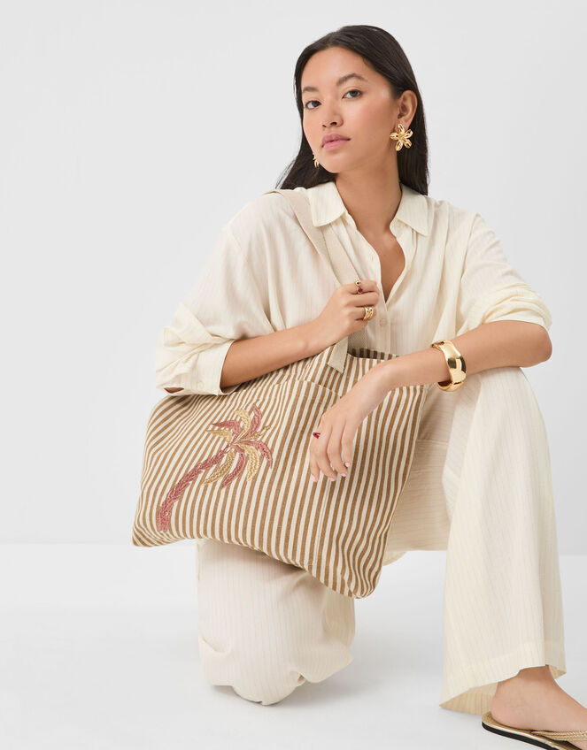 Stripe Palm Embroidered Shopper Bag, , large