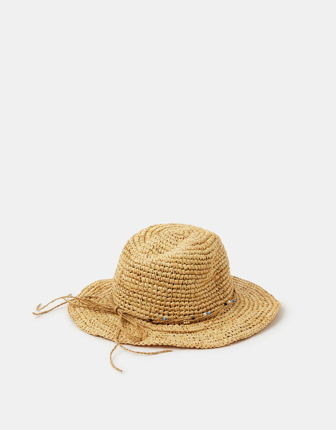 Beaded Trim Woven Hat, , large