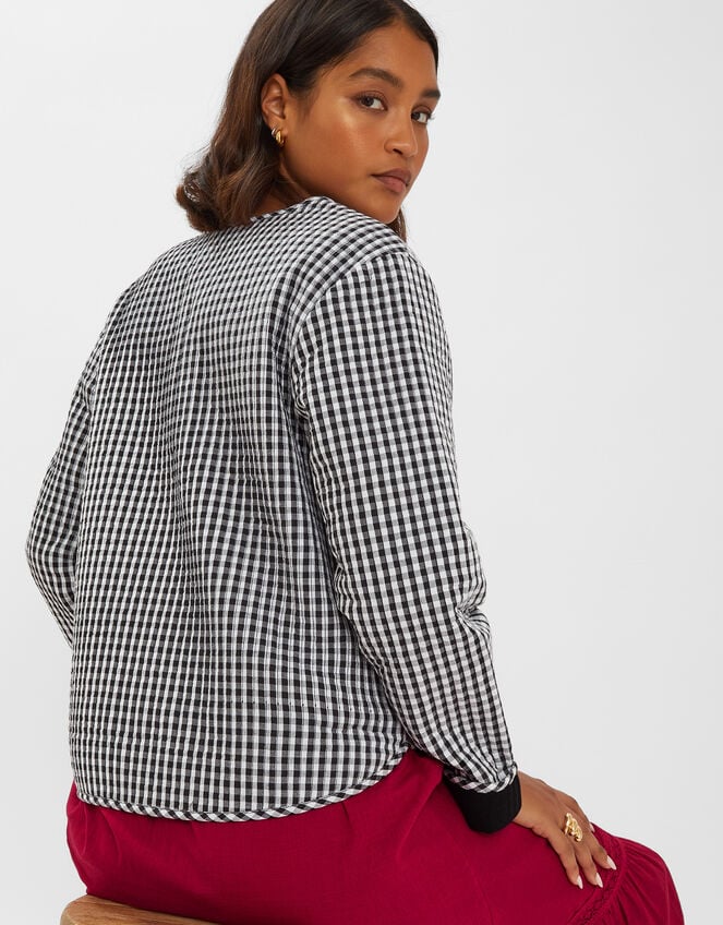 Gingham Tie-Front Quilted Jacket, Black (BLACK), large
