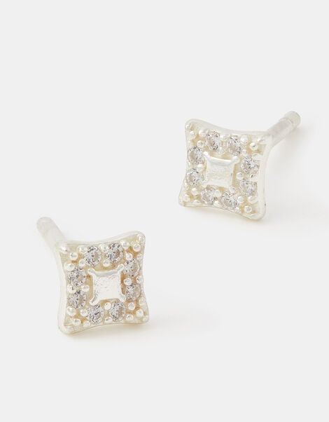 Sterling Silver Square Diamanté Stud Earrings, , large