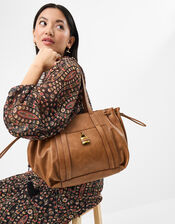 Padlock Ruched Shoulder Bag, Tan (TAN), large