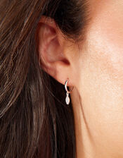 Sterling Silver Marquise Pave Huggie Hoops, , large