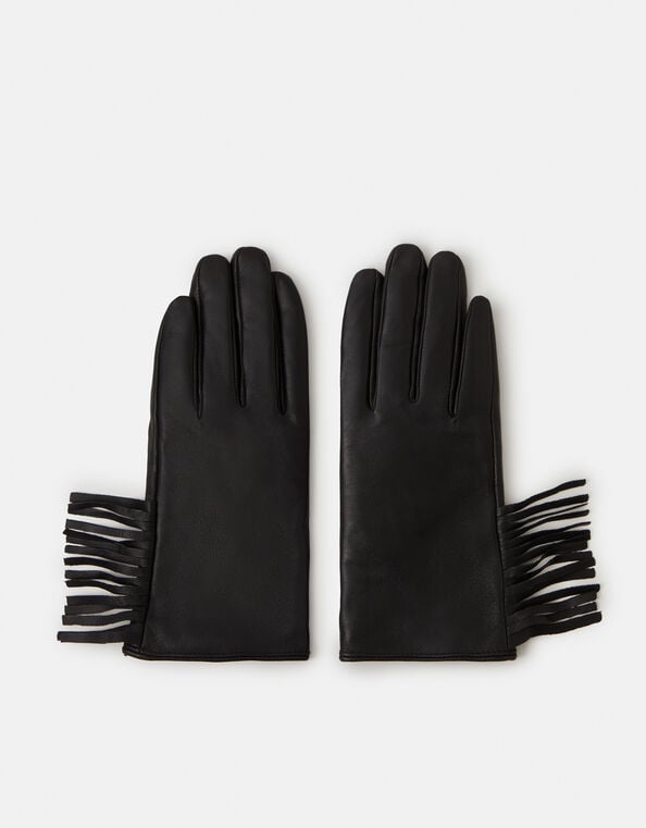 Fringe Leather Gloves, Black (BLACK), large
