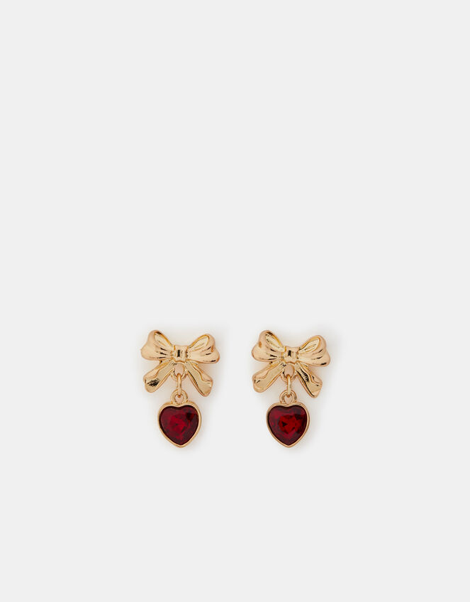 Bow Gem Heart Drop Earrings, , large
