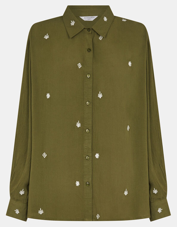 Embroidered Crinkle Shirt, Green (KHAKI), large